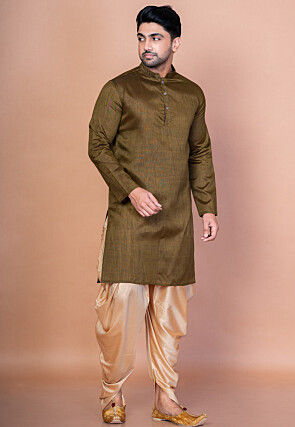 Solid Color Dupion Silk Kurta Set in Dark Olive Green