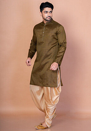 Solid Color Dupion Silk Kurta Set in Dark Olive Green
