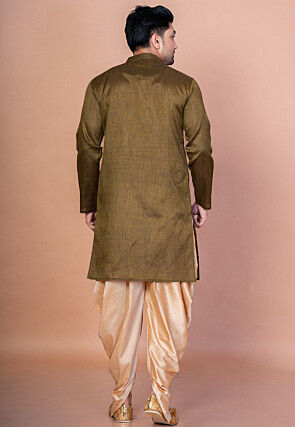Solid Color Dupion Silk Kurta Set in Dark Olive Green