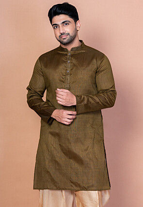 Solid Color Dupion Silk Kurta in Dark Olive Green