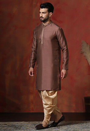Embroidered Collar Dupion Silk Kurta Set in Brown