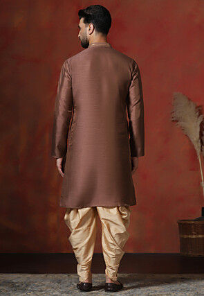 Embroidered Collar Dupion Silk Kurta Set in Brown