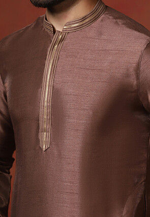 Embroidered Collar Dupion Silk Kurta Set in Brown
