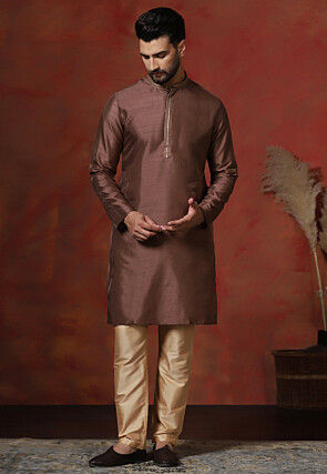Embroidered Collar Dupion Silk Kurta Set in Brown