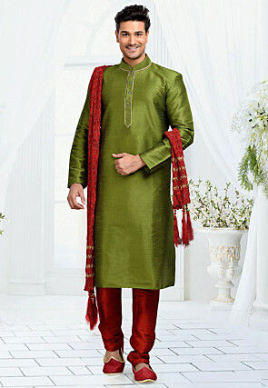 Solid Color Dupion Silk Kurta Set in Green