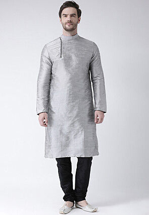 Solid Color Dupion Silk Kurta Set in Grey
