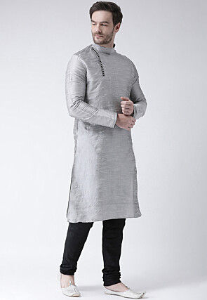 Solid Color Dupion Silk Kurta Set in Grey