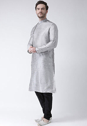Solid Color Dupion Silk Kurta Set in Grey