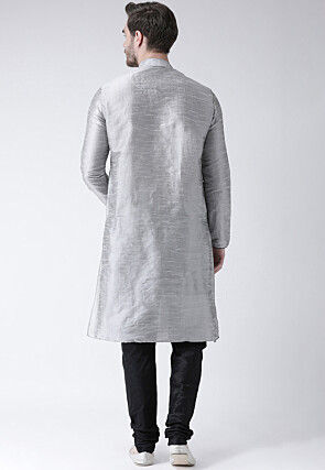 Solid Color Dupion Silk Kurta Set in Grey