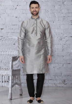 Mens Grey Jacquard Silk Kurta Pajama Salwar Kameez Sherwani Indian Outfit GR110 