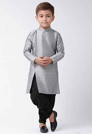 Solid Color Dupion Silk Kurta Set in Grey