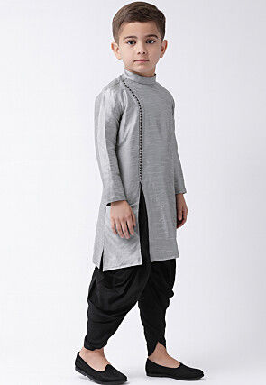 Solid Color Dupion Silk Kurta Set in Grey