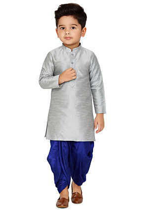 Solid Color Dupion Silk Kurta Set in Grey