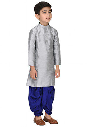 Solid Color Dupion Silk Kurta Set in Grey
