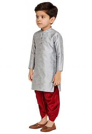 Solid Color Dupion Silk Kurta Set in Grey