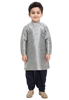 Solid Color Dupion Silk Kurta Set in Grey