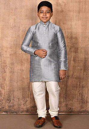 Solid Color Dupion Silk Kurta Set in Grey