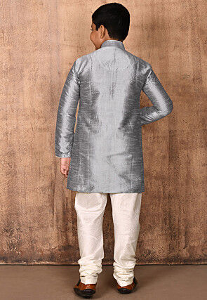 Solid Color Dupion Silk Kurta Set in Grey
