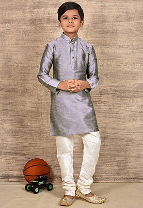 Solid Color Dupion Silk Kurta Set in Grey