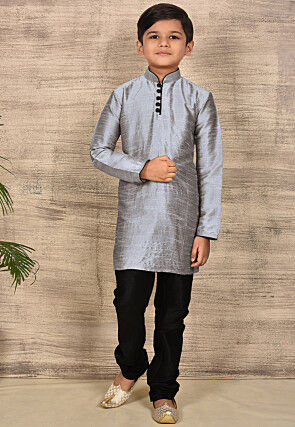 Solid Color Dupion Silk Kurta Set in Grey