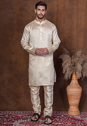 Solid Color Dupion Silk Kurta Set in Light Beige