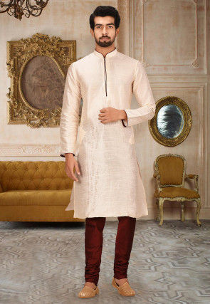 Solid Color Dupion Silk Kurta Set in Light Beige