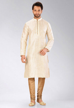 Solid Color Dupion Silk Kurta Set in Light Beige