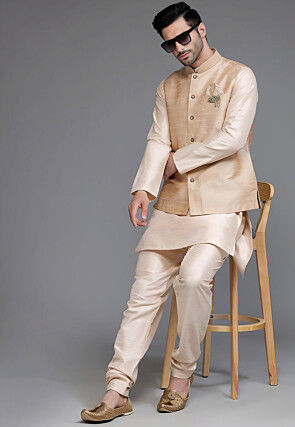 Solid Color Dupion Silk Kurta Set in Light Beige