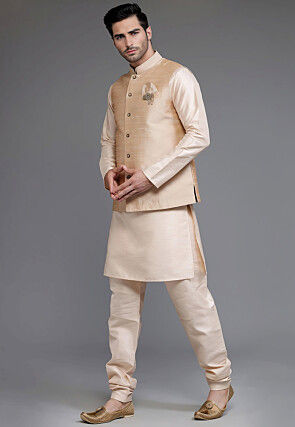 Solid Color Dupion Silk Kurta Set in Light Beige