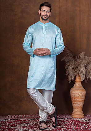 Solid Color Dupion Silk Kurta Set in Light Blue
