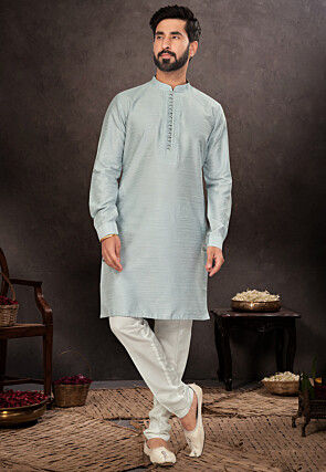 Solid Color Dupion Silk Kurta Set in Light Blue