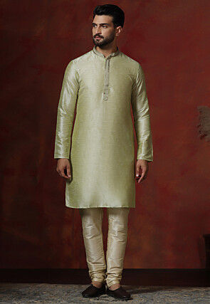 Embroidered Collar Dupion Silk Kurta Set in Light Green