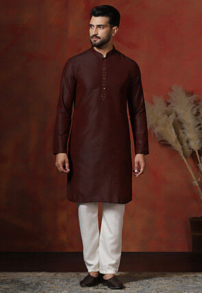 Solid Color Dupion Silk Kurta Set in Maroon