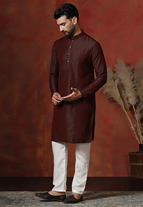 Solid Color Dupion Silk Kurta Set in Maroon
