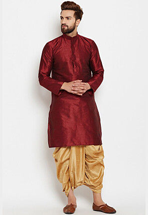 Solid Color Dupion Silk Kurta Set in Maroon
