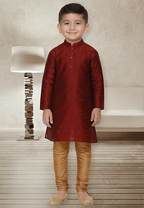 Solid Color Dupion Silk Kurta Set in Maroon