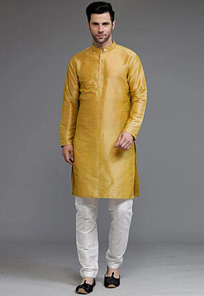 Solid Color Dupion Silk Kurta Set in Mustard
