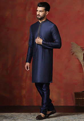 Embroidered Collar Dupion Silk Kurta Set in Navy Blue