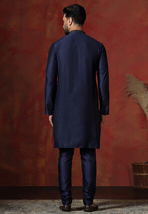 Embroidered Collar Dupion Silk Kurta Set in Navy Blue