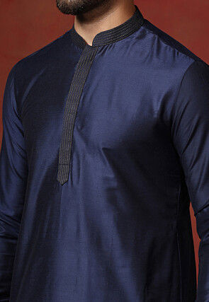 Embroidered Collar Dupion Silk Kurta Set in Navy Blue