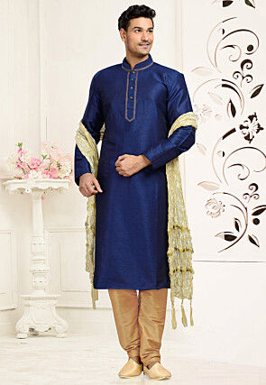 Solid Color Dupion Silk Kurta Set in Navy Blue