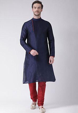Solid Color Dupion Silk Kurta Set in Navy Blue