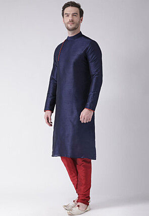 Solid Color Dupion Silk Kurta Set in Navy Blue