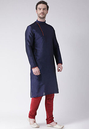 Solid Color Dupion Silk Kurta Set in Navy Blue