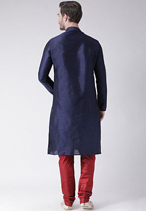 Solid Color Dupion Silk Kurta Set in Navy Blue