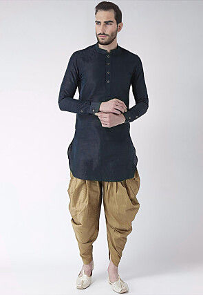Solid Color Dupion Silk Kurta Set in Navy Blue