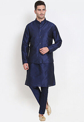 Solid Color Dupion Silk Kurta Set in Navy Blue