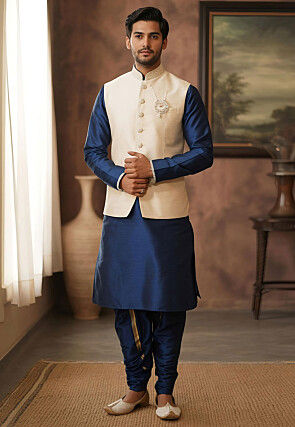 Solid Color Dupion Silk Kurta Set in Navy Blue and Cream 