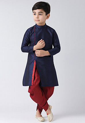 Solid Color Dupion Silk Kurta Set in Navy Blue
