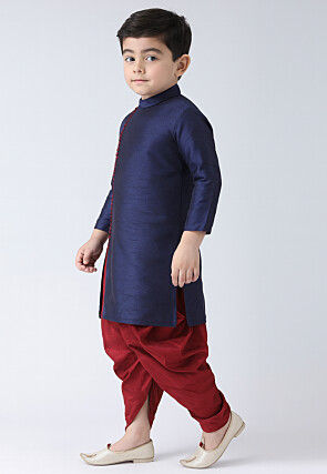 Solid Color Dupion Silk Kurta Set in Navy Blue